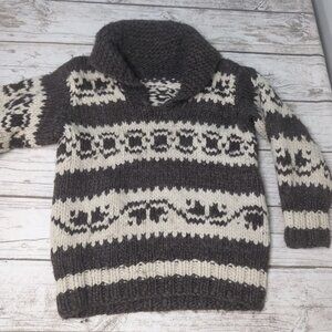 VTG Cowichan Hand Knit Wool Shawl Pullover Sweater Chunky Brown 70s/80s